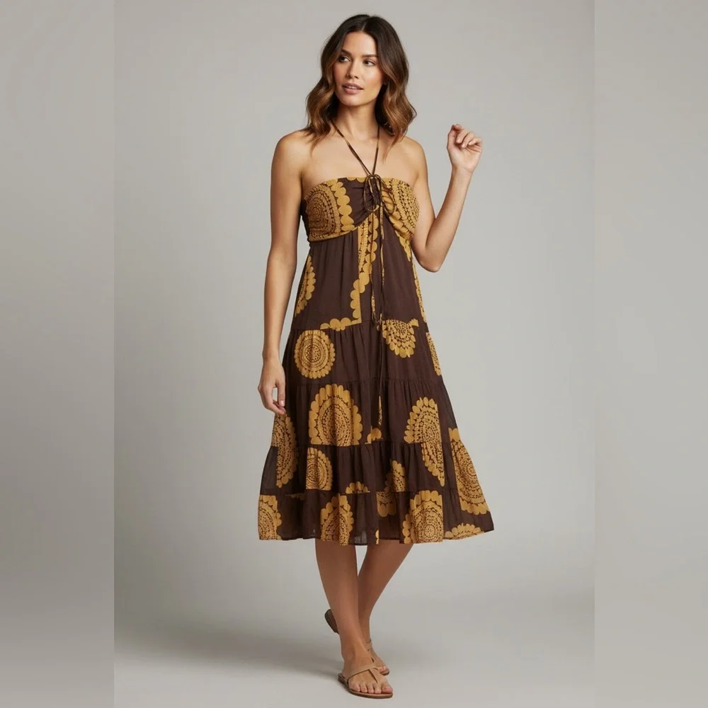 TRINA TURK Dress Silk Tiered Floral Halter Empire Midi